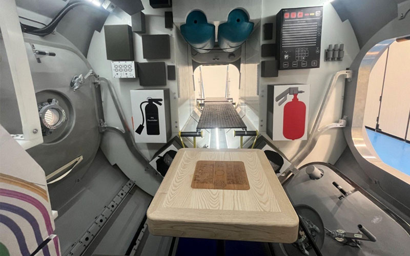 The interior of the full-sized mockup of ESA’s Lunar I-Hab Gateway space station module will initially have a low-fidelity interior.