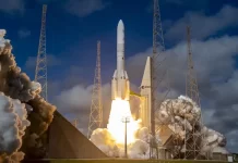 Arianespace has launched 36 Amazon satellites aboard the first Ariane 6 rocket to be equipped with upgraded P160C solid-fuel boosters.